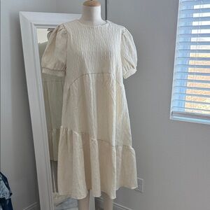 Cream Textured Puff Sleeve Dress